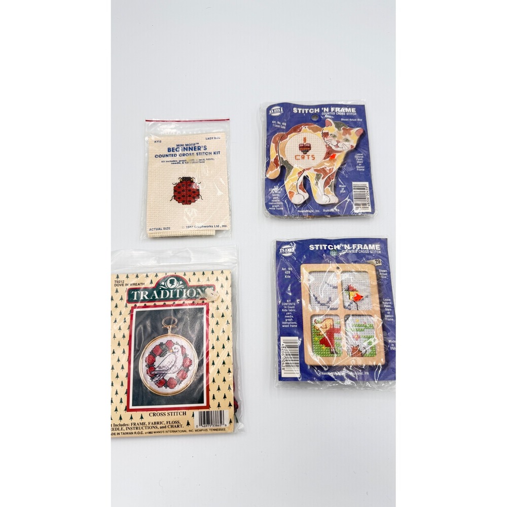 Vintage Cross Stitch Kit Lot 4 NMI Stitch N Frame Wangs Ladybug Cat Dove Kite